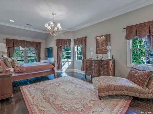 Bedroom, Chandelier, Interior, Recessed Lighting, Wood Texture Flooring