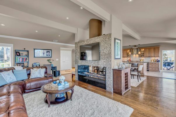 Dining room, Fireplace, Interior, Kitchen, Living room, Pendant Lights, Recessed Lighting, Wood Texture Flooring