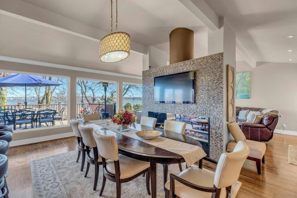 Dining room, Fireplace, Interior, Living room, Pendant Lights, Recessed Lighting, Wood Texture Flooring