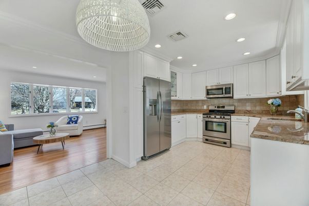 Interior, Kitchen, Living room, Recessed Lighting, Stainless Steel Appliances, Wood Texture Flooring