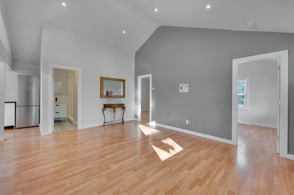 Empty room, Interior, Kitchen, Recessed Lighting, Wood Texture Flooring
