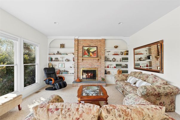 Fireplace, Interior, Living room, Recessed Lighting, Stone Walls
