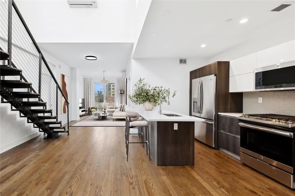 Interior, Kitchen, Living room, Recessed Lighting, Stainless Steel Appliances, Wood Texture Flooring