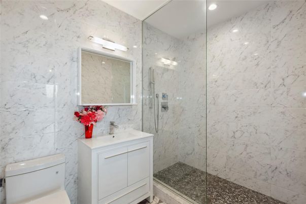 Bathroom, Glass Shower, Interior, Marble Walls, Recessed Lighting