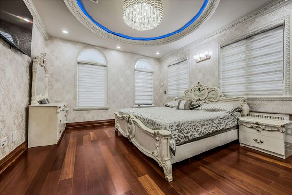 Bedroom, Chandelier, Interior, Recessed Lighting, Wood Texture Flooring