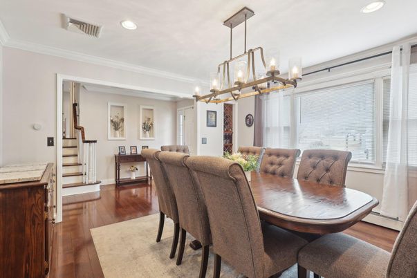 Dining room, Interior, Pendant Lights, Recessed Lighting, Wood Texture Flooring