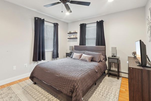 Bedroom, Interior, Recessed Lighting, Wood Texture Flooring