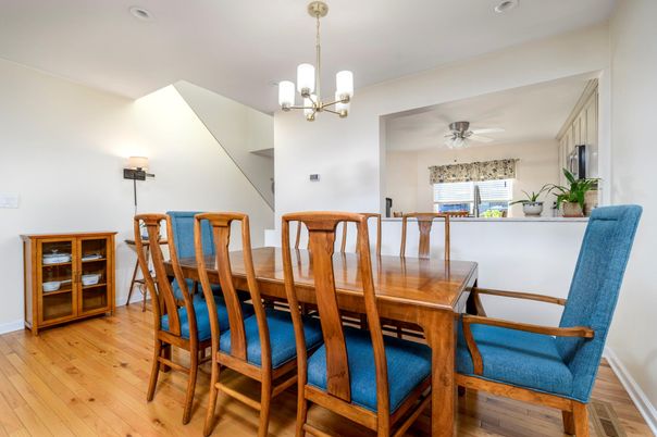 Dining room, Interior, Pendant Lights, Recessed Lighting, Wood Texture Flooring