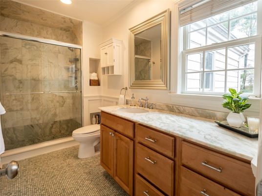 Bathroom, Glass Shower, Interior, Marble Walls, Recessed Lighting