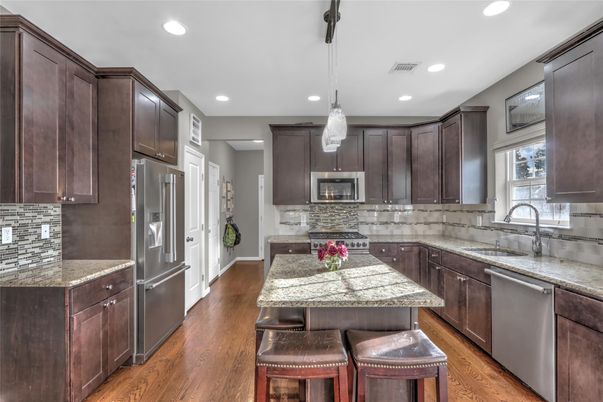 Interior, Kitchen, Pendant Lights, Recessed Lighting, Stainless Steel Appliances, Wood Texture Flooring