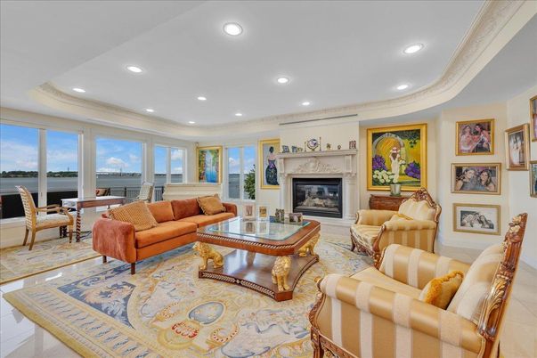 Dining room, Fireplace, Interior, Living room, Recessed Lighting, Water