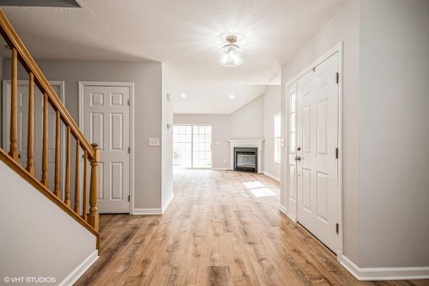 Empty room, Fireplace, Interior, Recessed Lighting, Wood Texture Flooring