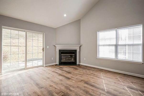 Empty room, Fireplace, Interior, Recessed Lighting, Wood Texture Flooring