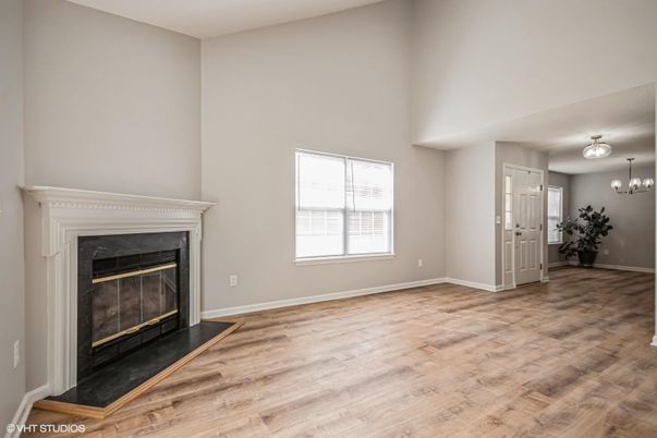 Chandelier, Empty room, Fireplace, Interior, Wood Texture Flooring
