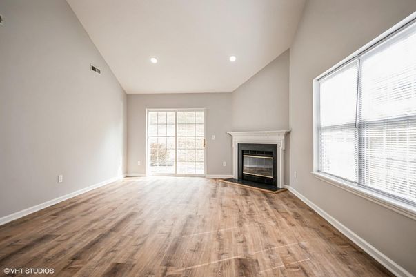 Empty room, Fireplace, Interior, Recessed Lighting, Wood Texture Flooring