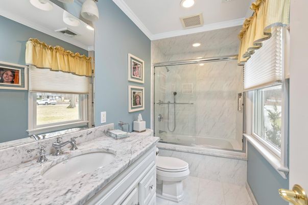 Bathroom, Glass Shower, Interior, Marble, Marble Walls, Recessed Lighting