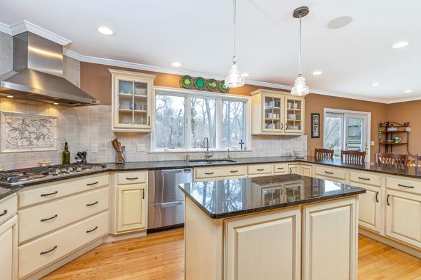 Interior, Kitchen, Pendant Lights, Recessed Lighting, Stainless Steel Appliances, Wood Texture Flooring