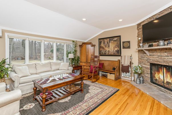 Fireplace, Interior, Living room, Recessed Lighting, Wood Texture Flooring