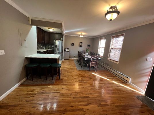 Dining room, Interior, Kitchen, Stainless Steel Appliances, Wood Texture Flooring