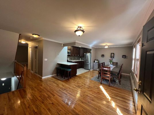 Dining room, Interior, Kitchen, Stainless Steel Appliances, Wood Texture Flooring