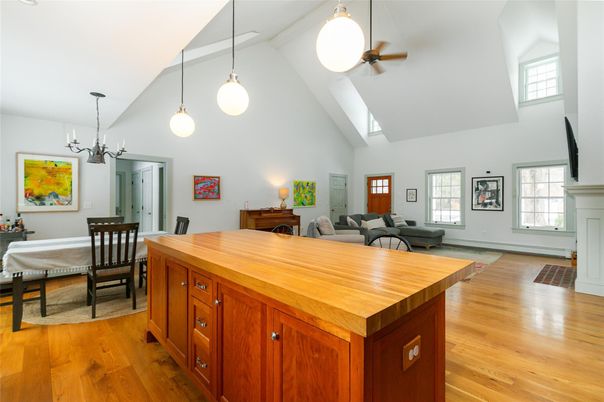 Dining room, Interior, Living room, Pendant Lights, Wood Texture Flooring
