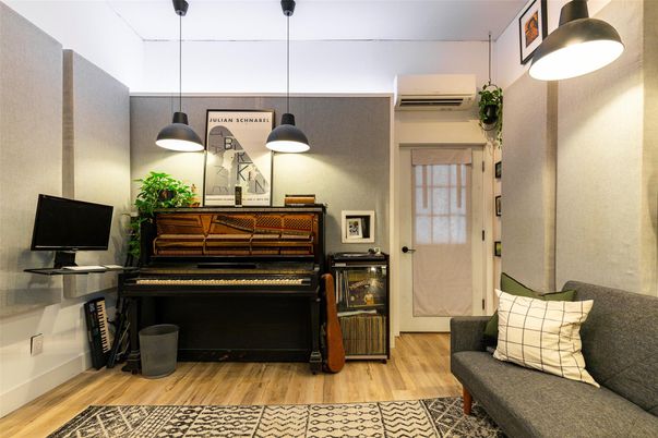Interior, Pendant Lights, Piano, Wood Texture Flooring