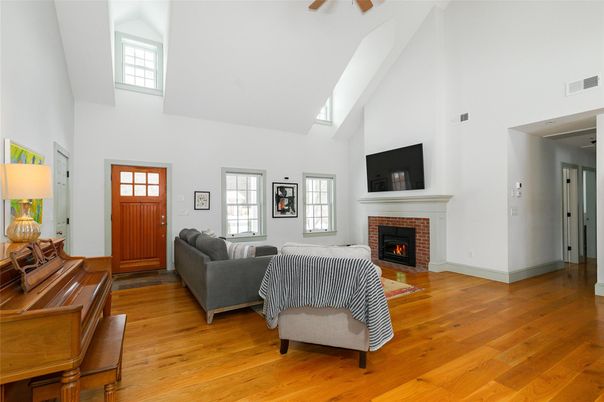 Fireplace, Interior, Living room, Piano, Wood Texture Flooring