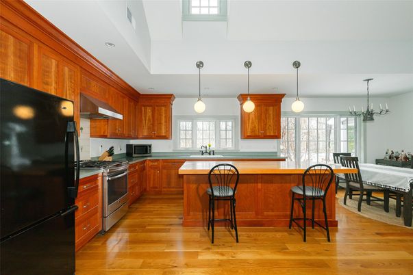 Dining room, Interior, Kitchen, Pendant Lights, Stainless Steel Appliances, Wood Texture Flooring