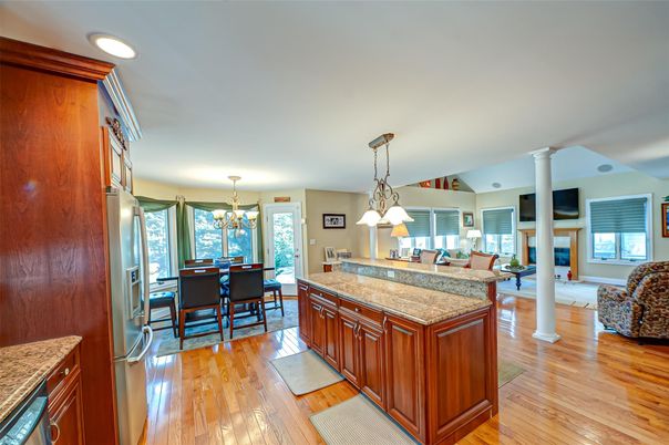 Chandelier, Dining room, Interior, Pendant Lights, Recessed Lighting, Wood Texture Flooring
