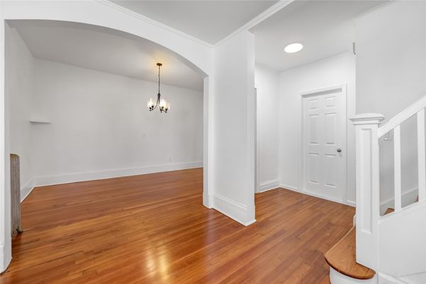 Chandelier, Empty room, Interior, Recessed Lighting, Wood Texture Flooring
