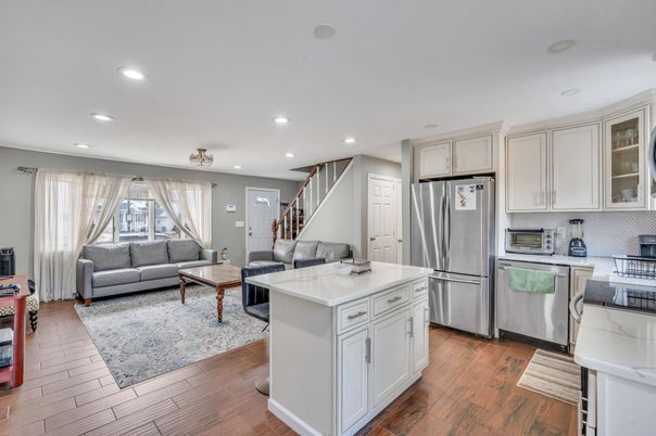 Interior, Kitchen, Living room, Recessed Lighting, Stainless Steel Appliances, Wood Texture Flooring
