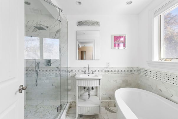 Bathroom, Glass Shower, Interior, Marble, Marble Walls, Recessed Lighting