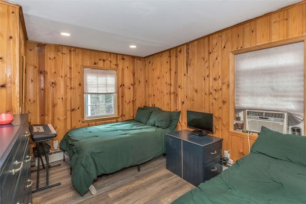 Bedroom, Interior, Recessed Lighting, Wood Texture Flooring, Wooden Walls