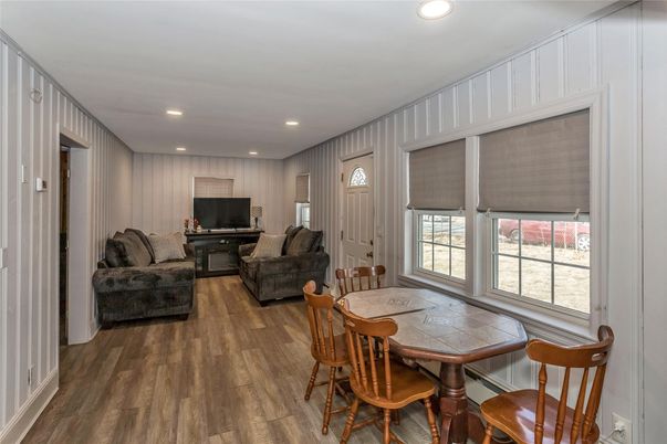 Dining room, Interior, Living room, Recessed Lighting, Wood Texture Flooring