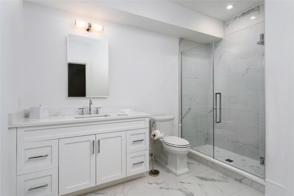 Bathroom, Glass Shower, Interior, Marble, Marble Walls, Recessed Lighting