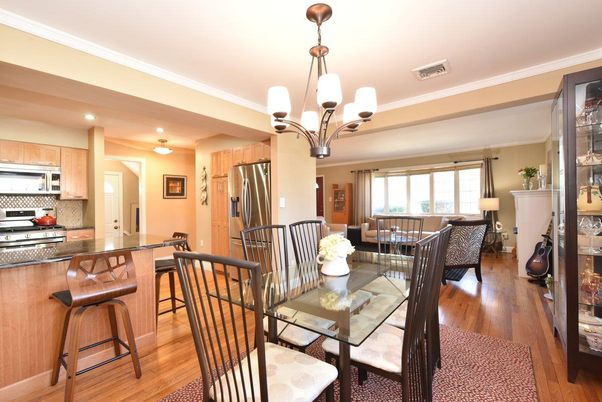 Chandelier, Dining room, Interior, Kitchen, Living room, Recessed Lighting, Stainless Steel Appliances, Wood Texture Flooring
