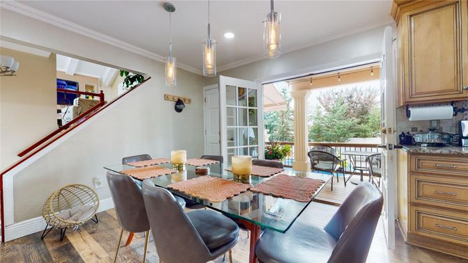 Dining room, Interior, Pendant Lights, Recessed Lighting, Wood Texture Flooring