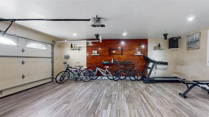 Fitness Equipment, Interior, Recessed Lighting, Wood Texture Flooring, Wooden Walls