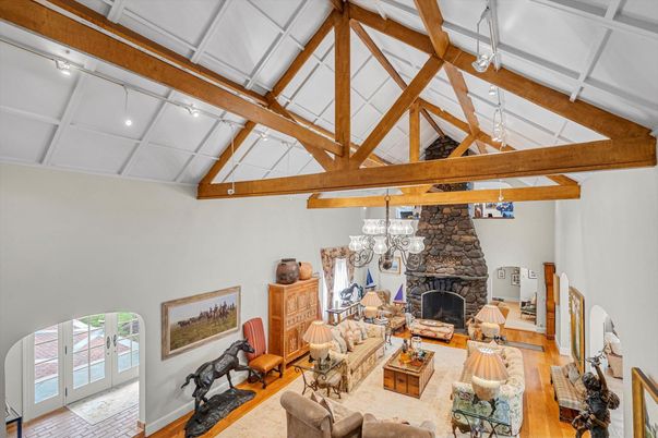 Chandelier, Fireplace, Interior, Living room, Wooden Beams, Wood Texture Flooring