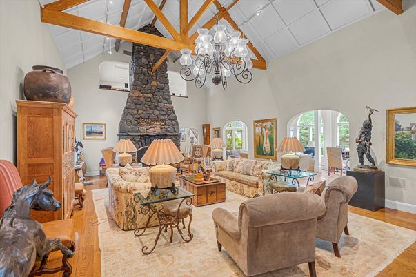 Chandelier, Fireplace, Interior, Living room, Recessed Lighting, Wooden Beams, Wood Texture Flooring