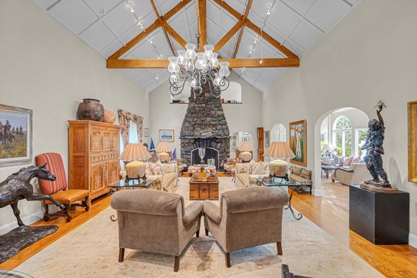 Chandelier, Fireplace, Interior, Living room, Wooden Beams, Wood Texture Flooring