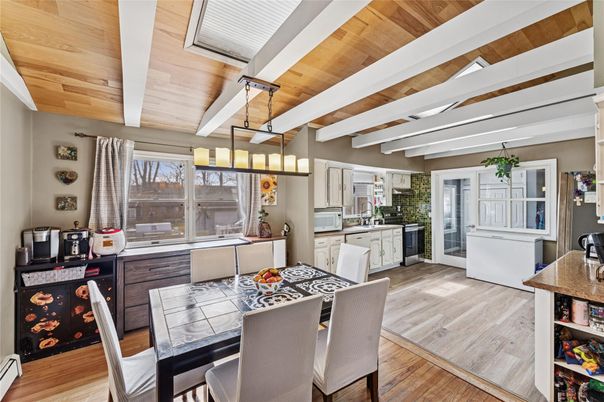 Dining room, Interior, Kitchen, Pendant Lights, Wooden Ceilings, Wood Texture Flooring