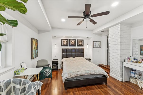 Bedroom, Interior, Recessed Lighting, Stone Walls, Wood Texture Flooring