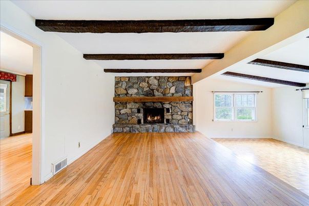 Empty room, Fireplace, Interior, Wooden Beams, Wood Texture Flooring