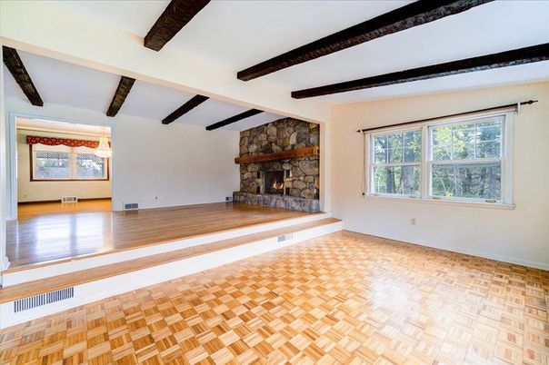 Empty room, Fireplace, Interior, Wooden Beams, Wood Texture Flooring