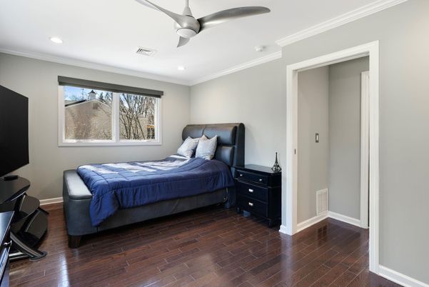 Bedroom, Interior, Recessed Lighting, Wood Texture Flooring