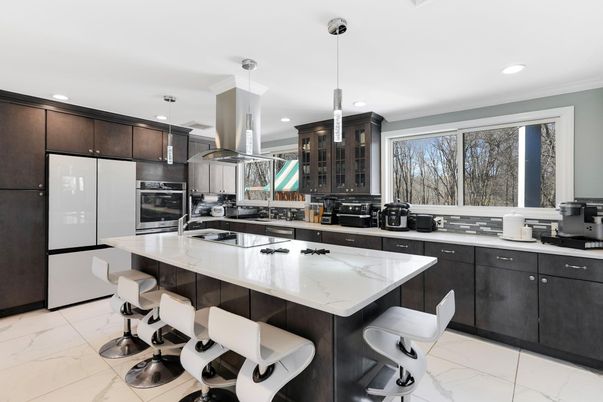Interior, Kitchen, Marble, Pendant Lights, Recessed Lighting, Stainless Steel Appliances
