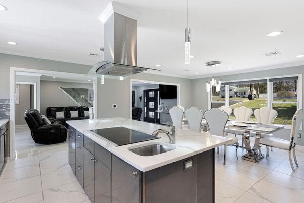 Dining room, Interior, Kitchen, Marble, Pendant Lights, Recessed Lighting, Stainless Steel Appliances