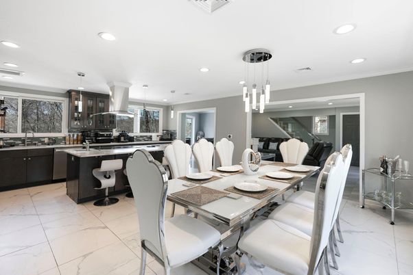 Dining room, Interior, Kitchen, Marble, Pendant Lights, Recessed Lighting