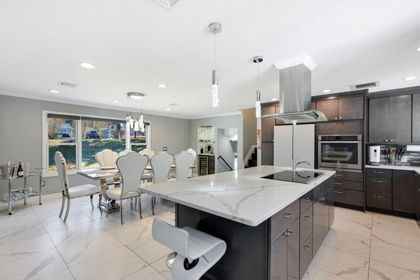 Dining room, Interior, Kitchen, Marble, Pendant Lights, Recessed Lighting, Stainless Steel Appliances